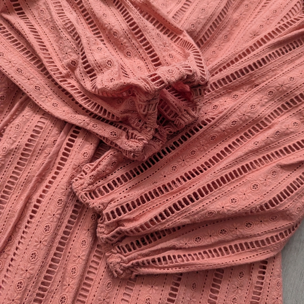 Forever That Girl Anthropologie mini dress Pink Coral Eyelet Long Sleeves Medium - Picture 7 of 11